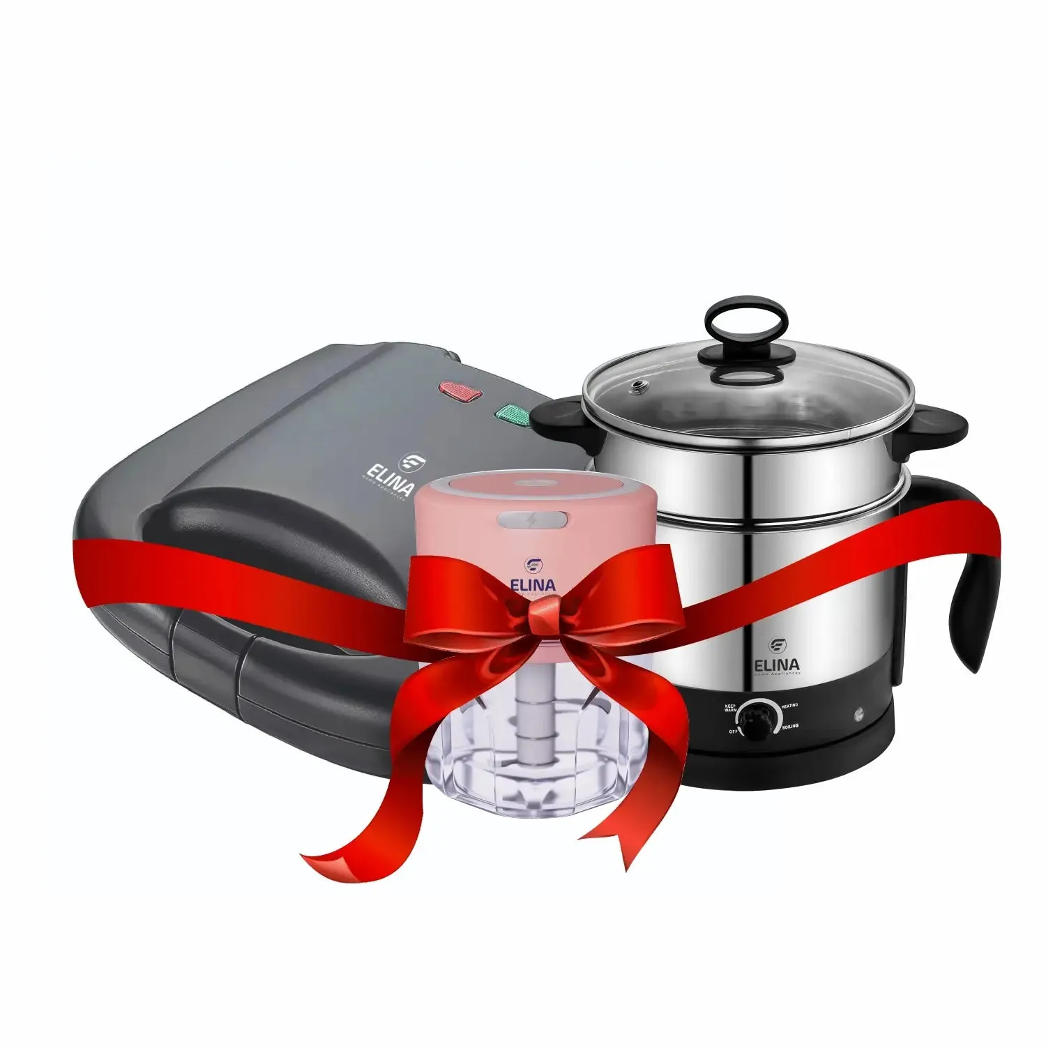 Elina Breakfast Combo Electric Multi Kettle 1.25L with Idli maker | Electric Sandwich Griller 800-watt | Wireless Electric Chopper 250ml