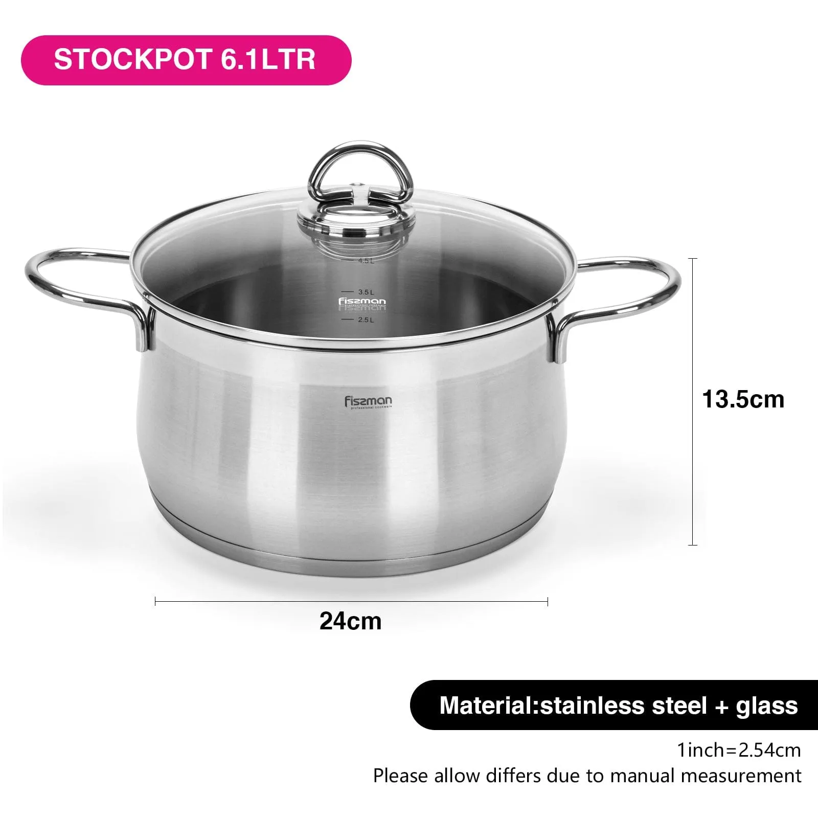 Fissman Stockpot Monica Series 18/10 Inox304 Stainless Steel With Clear Glass Lid 13.5x2.4cm/6.1LTR Silver