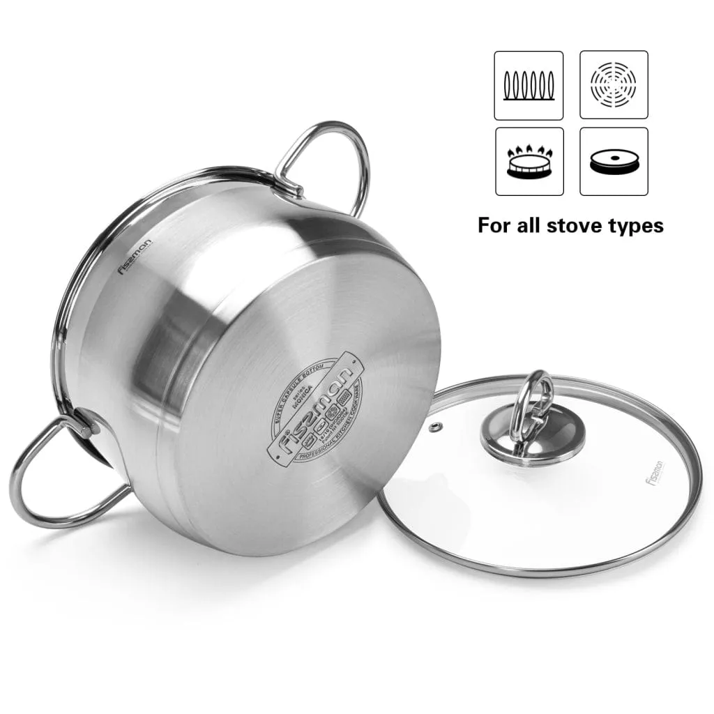 Fissman Stockpot Monica Series 18/10 Inox304 Stainless Steel With Clear Glass Lid 13.5x2.4cm/6.1LTR Silver