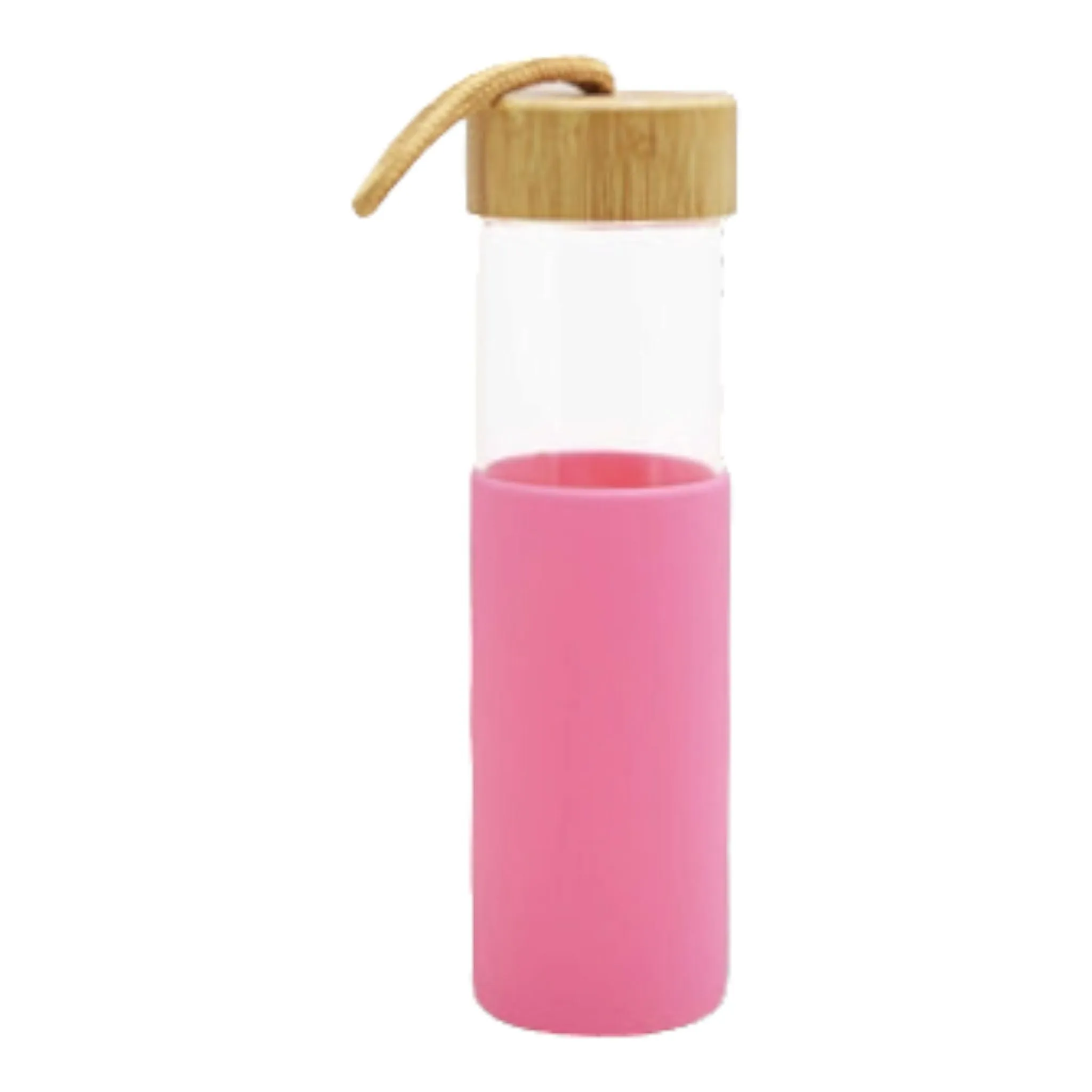 Glass Drinking Bottle 600ml Silicone Grip with Bamboo Lid and String 27134