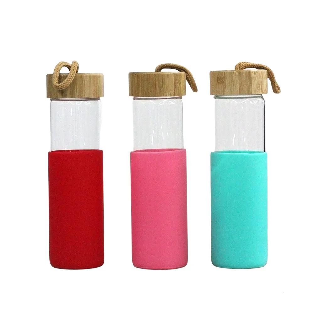 Glass Drinking Bottle 600ml Silicone Grip with Bamboo Lid and String 27134