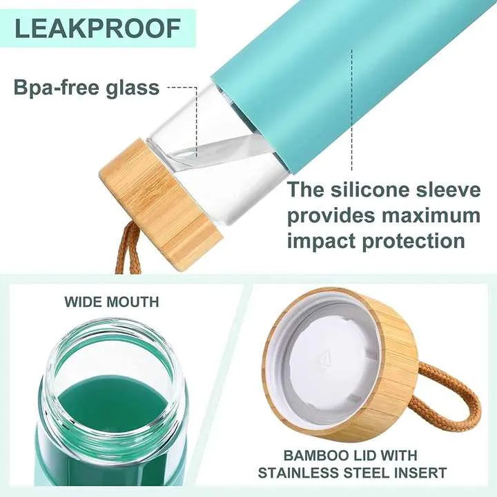 Glass Drinking Bottle 600ml Silicone Grip with Bamboo Lid and String 27134