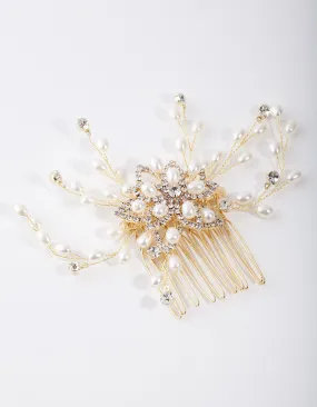 Gold Float Pearl Diamante Comb