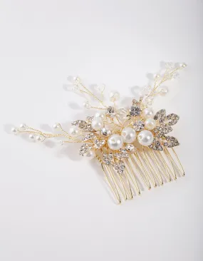 Gold Metal Leaf Diamante Pearl Comb