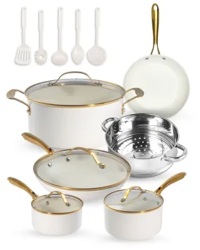 Gotham Steel Cream/Gold Handles 15 Piece Cookware Set