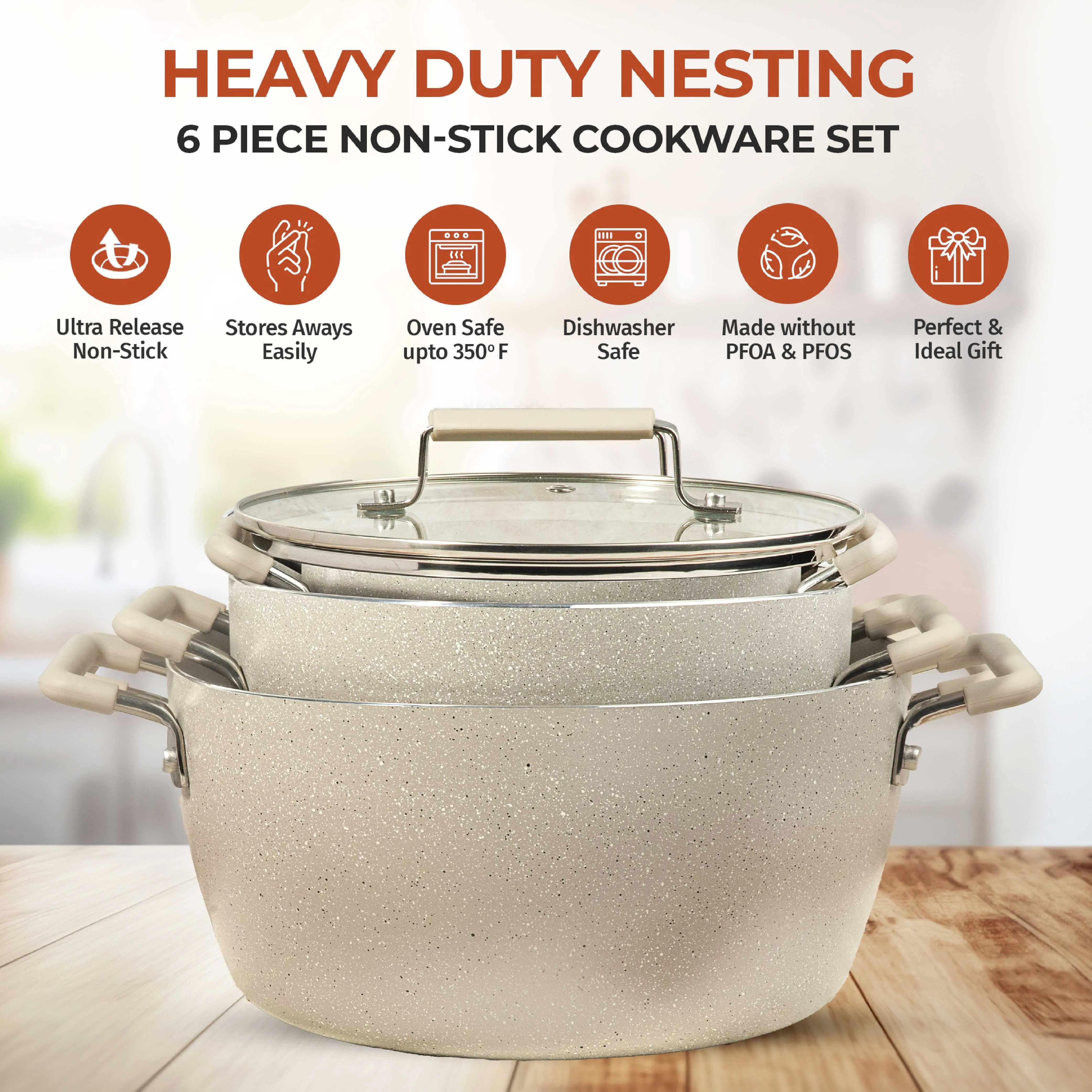 Granitestone Nesting 6 Piece Cooking Pots Set, Kitchen Pots, Non Stick Coating, 5qt 3qt & 1.5qt Pots with Lids, Stay Cool Handles Dishwasher Safe