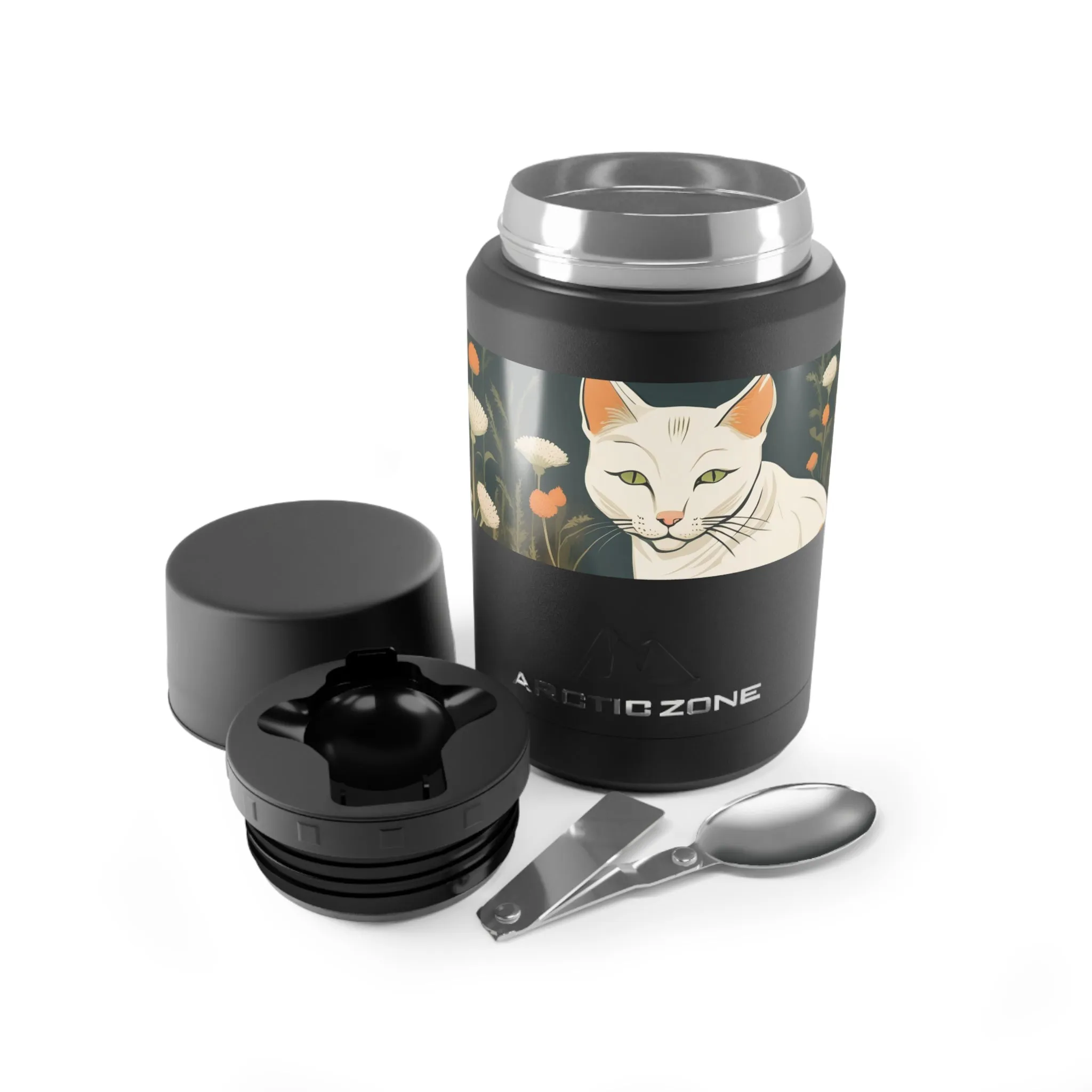 Green-Eyed Cat with Flowers, Reusable Insulated Food Storage Container with Spoon – 16.9oz