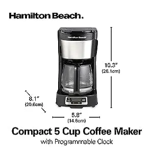 Hamilton Beach 5 Cup Compact Drip Coffee Maker with Programmable Clock, Glass Carafe, Auto Pause and Pour, Black & Stainless Steel (46111)