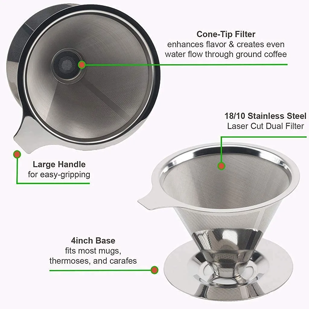 HASTHIP® Pour Over Coffee Dripper-Stainless Steel Reusable Drip Cone Coffee Filter-Paperless Metal Fine Mesh Strainer Coffee Brewer-Coffee Maker 1-6 Cup With Non-slip Cup Stand and Cleaning Brush