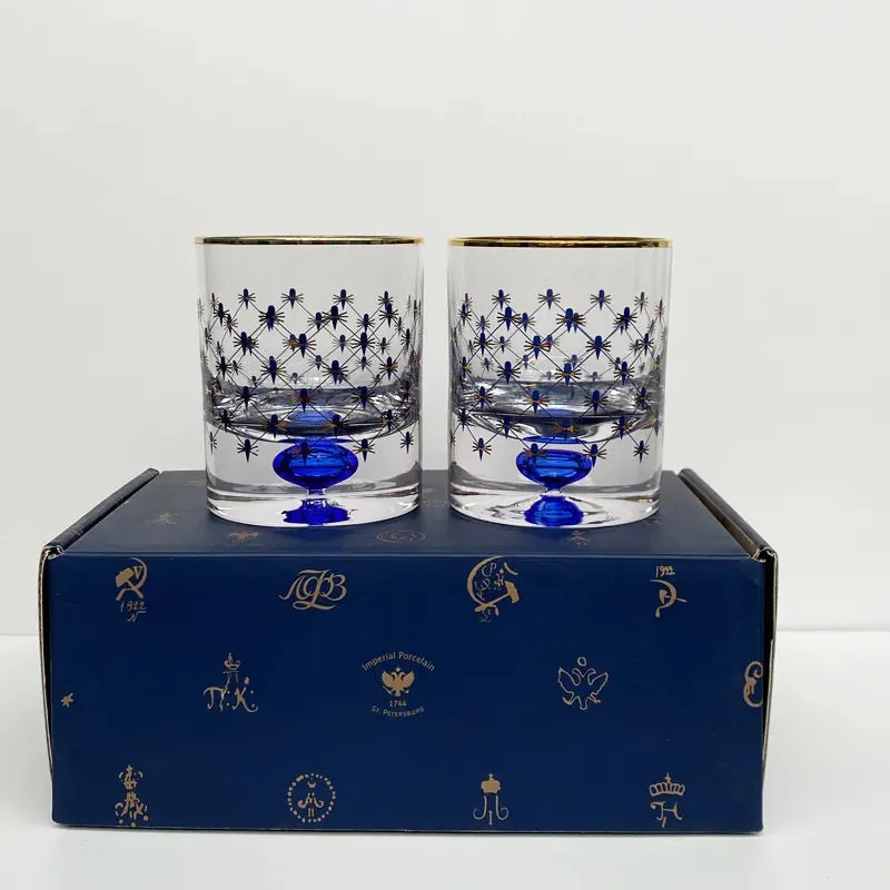 Imperial Cobalt Blue Net Crystal Glass Manual Carved Lead Free Crystal with Gold leaf Whiskey Coctail Glass