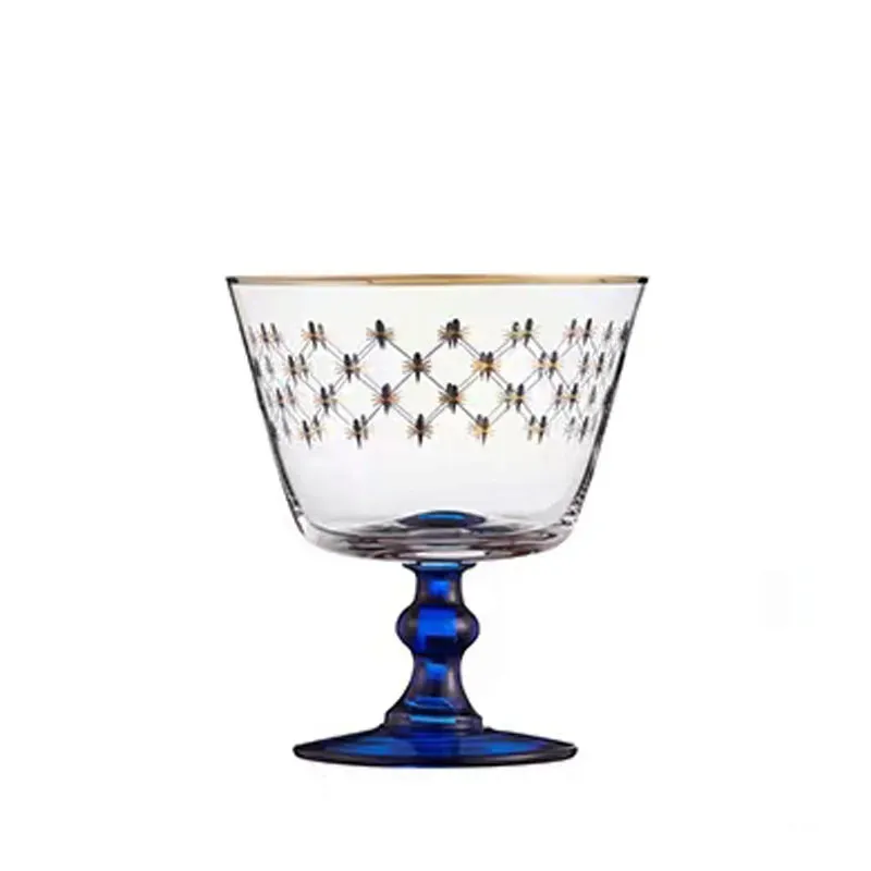 Imperial Cobalt Blue Net Crystal Glass Manual Carved Lead Free Crystal with Gold leaf Whiskey Coctail Glass