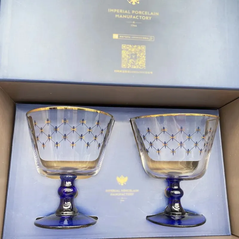 Imperial Cobalt Blue Net Crystal Glass Manual Carved Lead Free Crystal with Gold leaf Whiskey Coctail Glass