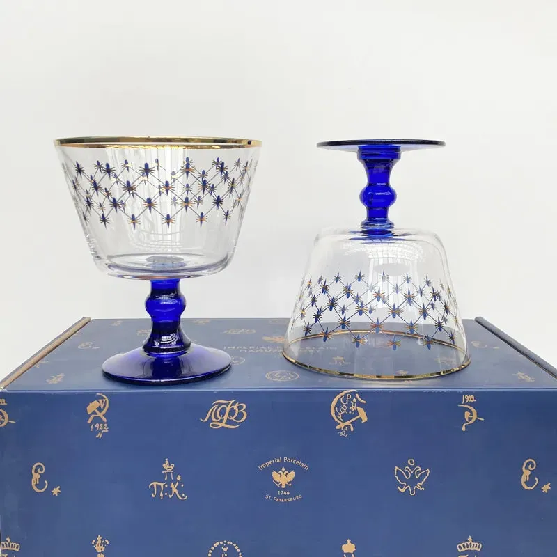 Imperial Cobalt Blue Net Crystal Glass Manual Carved Lead Free Crystal with Gold leaf Whiskey Coctail Glass