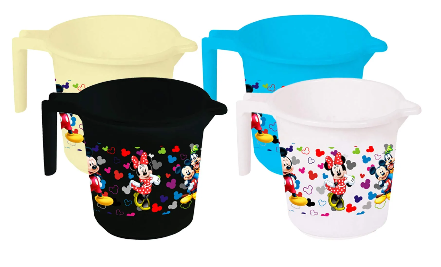 Kuber Industries Disney Team Mickey Print 4 Pieces Unbreakable Strong Plastic Bathroom Mug, 500 ML (Cream & Blue & Black & White) | Cute and Durable Bathroom Mug Set