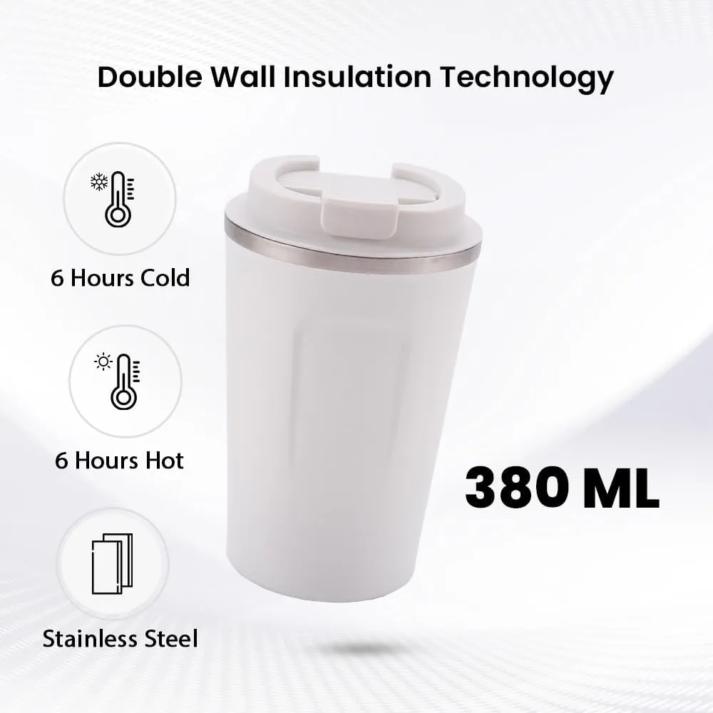 Kuber Industries Stainless Steel Insulated Coffee Cup with Sipper Mouth|Travel Coffee Mug 380 ML-Pack of 4|White|