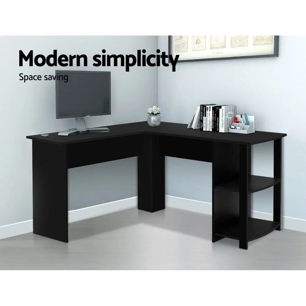 L-Shape Black Computer Desk, 2-Tier Shelves, 136CM - Artiss