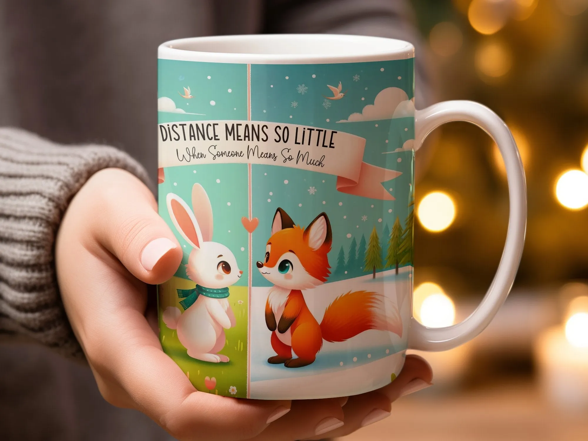 Long Distance Friendship Mug, Fox and Bunny Cute Illustration, Meaningful Quote Coffee Cup, Perfect Gift for Best Friend