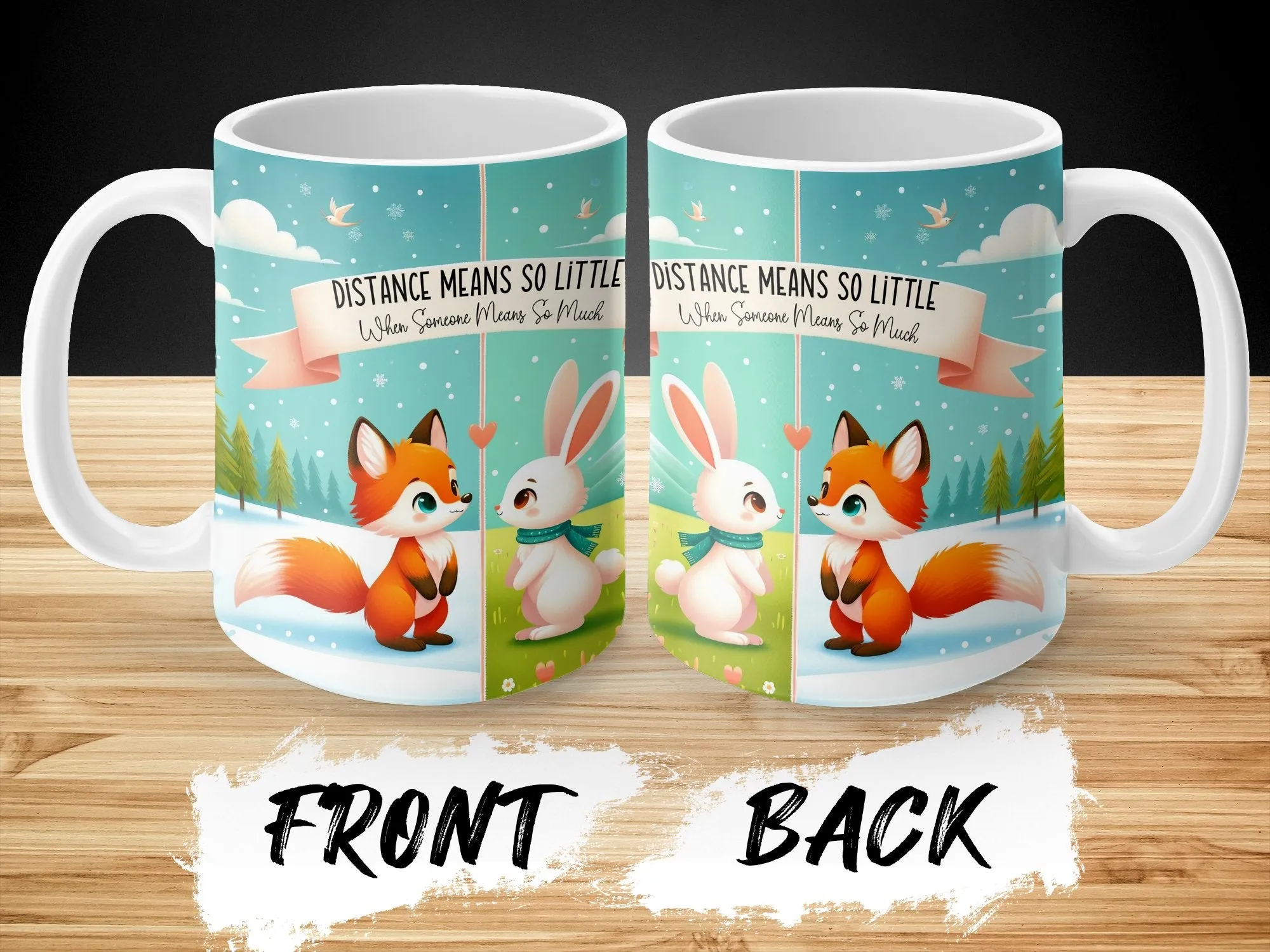 Long Distance Friendship Mug, Fox and Bunny Cute Illustration, Meaningful Quote Coffee Cup, Perfect Gift for Best Friend