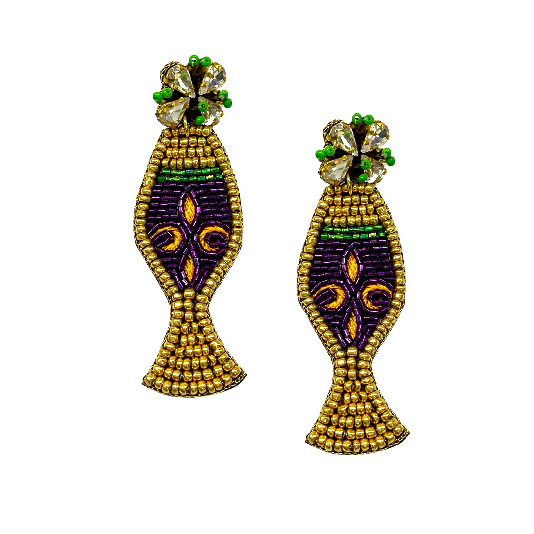 Mardi Gras Wine Glass with Embellishment Earrings (Pair)