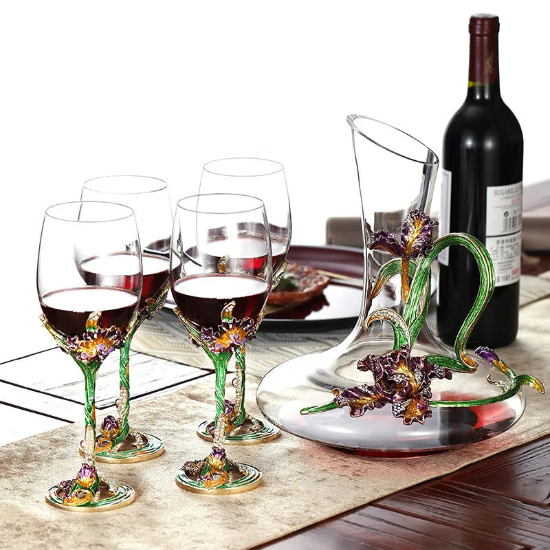 Metallic Flower Crystal Wine Glasses With Decanter Gift Sets