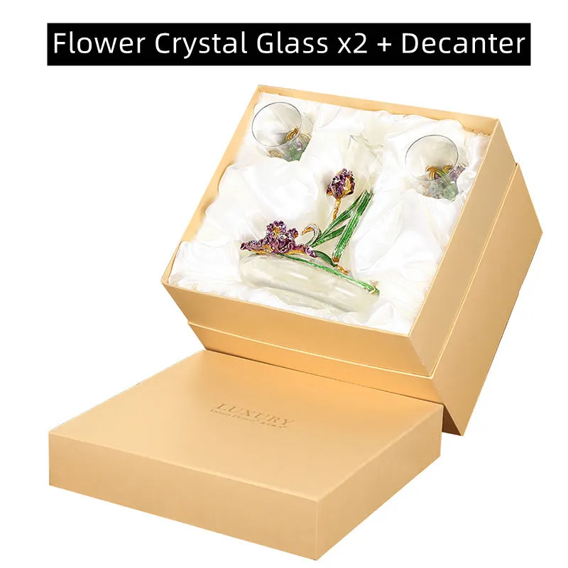 Metallic Flower Crystal Wine Glasses With Decanter Gift Sets