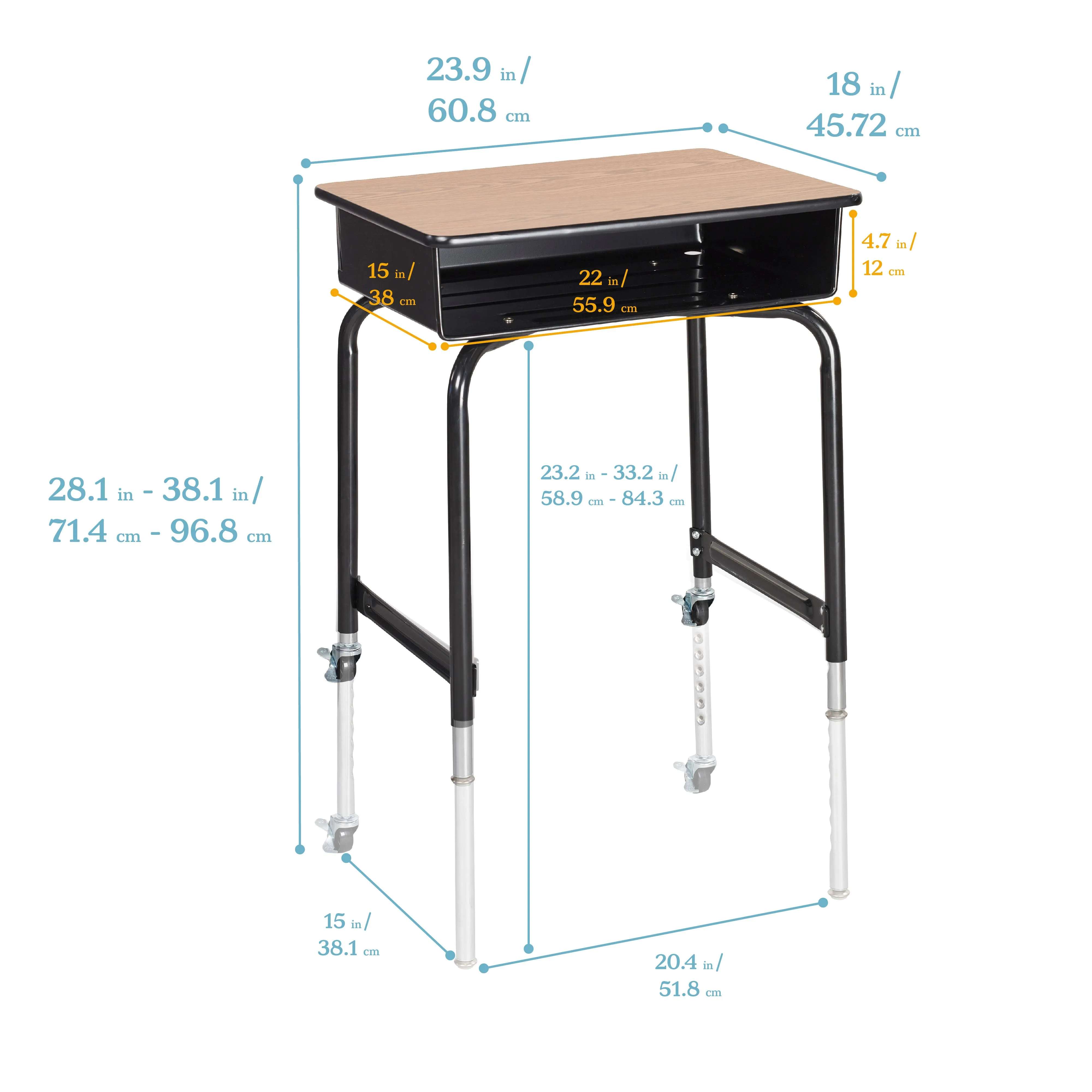 Mobile Open Front Desk with Metal Storage Book Box, Adjustable Height Desk, Oak