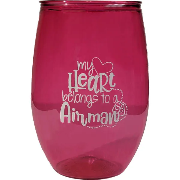 My Heart Belongs To an Airman on Pink Stemless Wine Glass