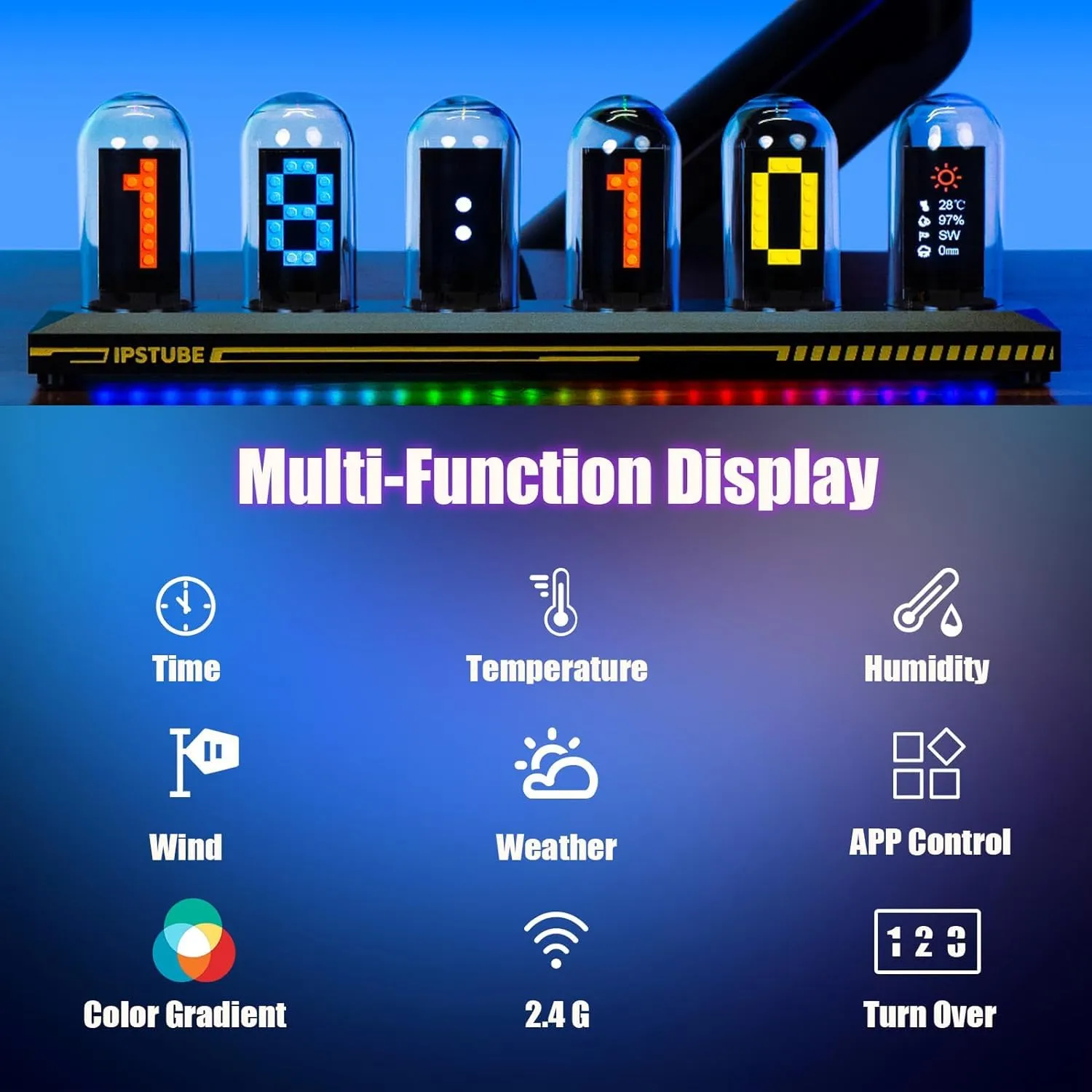 NIRVITTHAL IPS DIY Nixie Tube Clock Electronic Simulation with 6 Bit LCD Screen 12/24 Hours RGB Backlit Desktop Decoration Gifts for Decorating Rooms