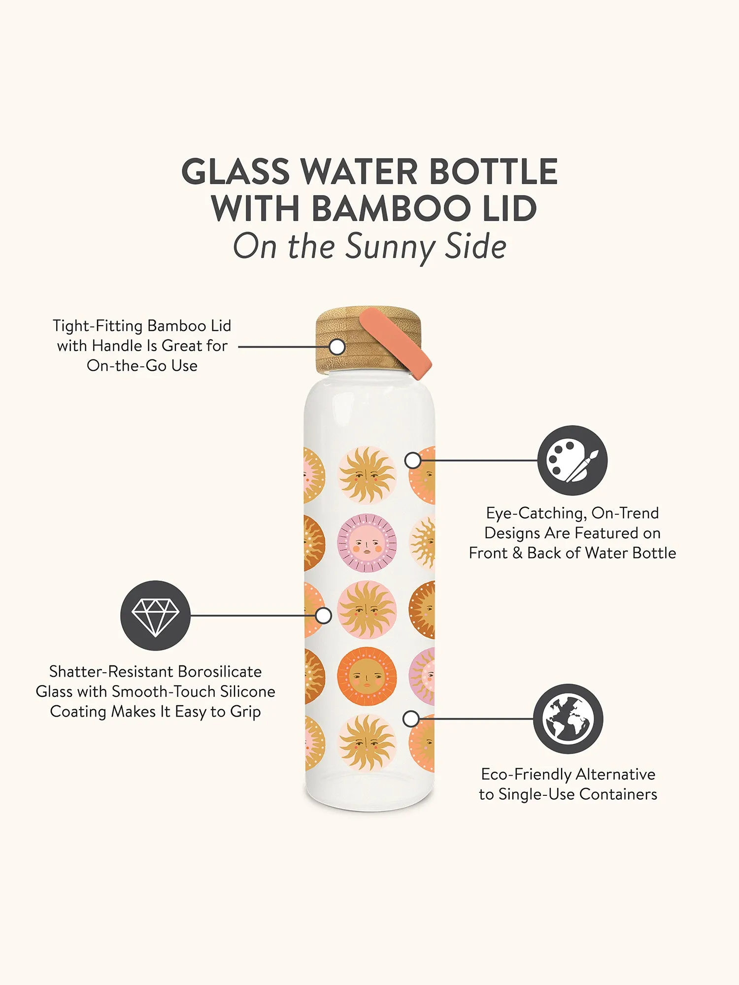 On the Sunny Side Glass Water Bottle with Bamboo Lid