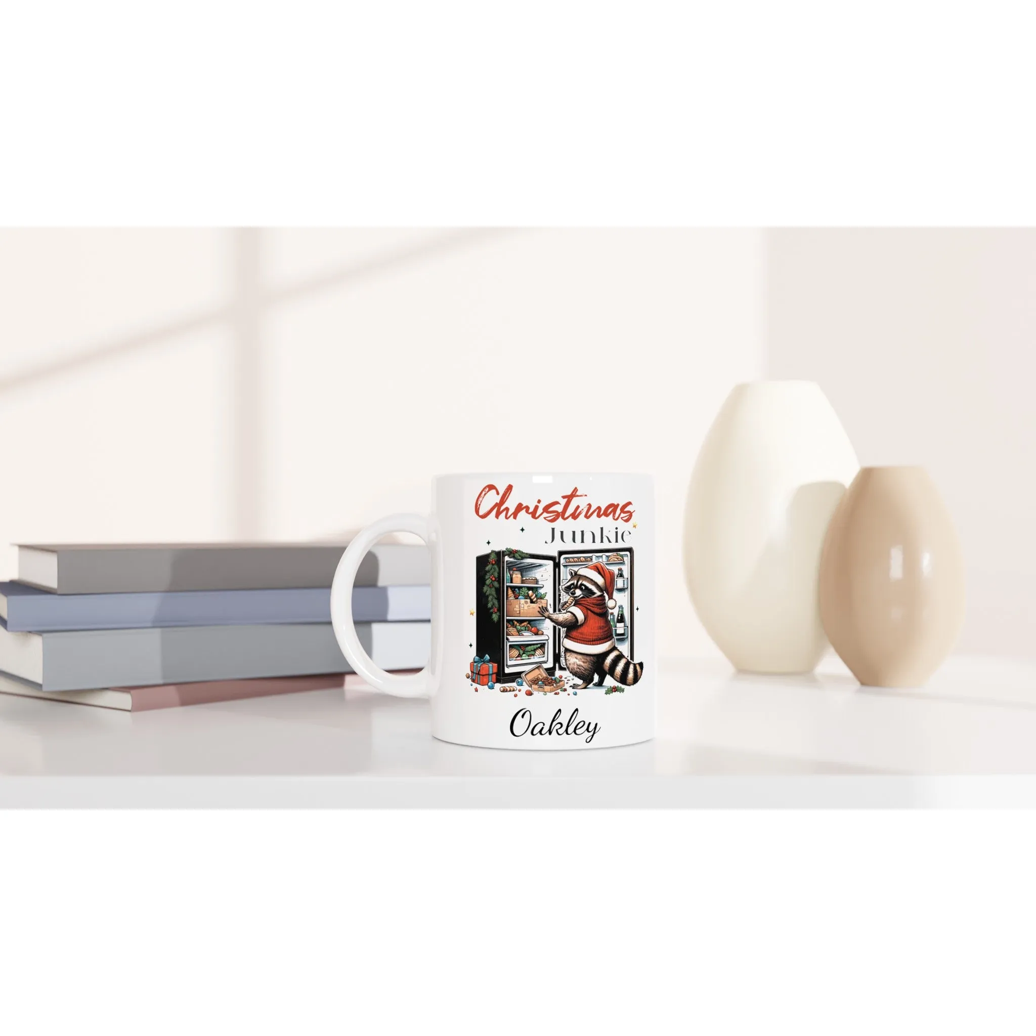 Personalised Christmas White 11oz Ceramic Mug Racoon Christmas Junkie