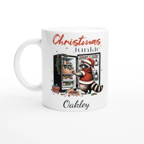 Personalised Christmas White 11oz Ceramic Mug Racoon Christmas Junkie