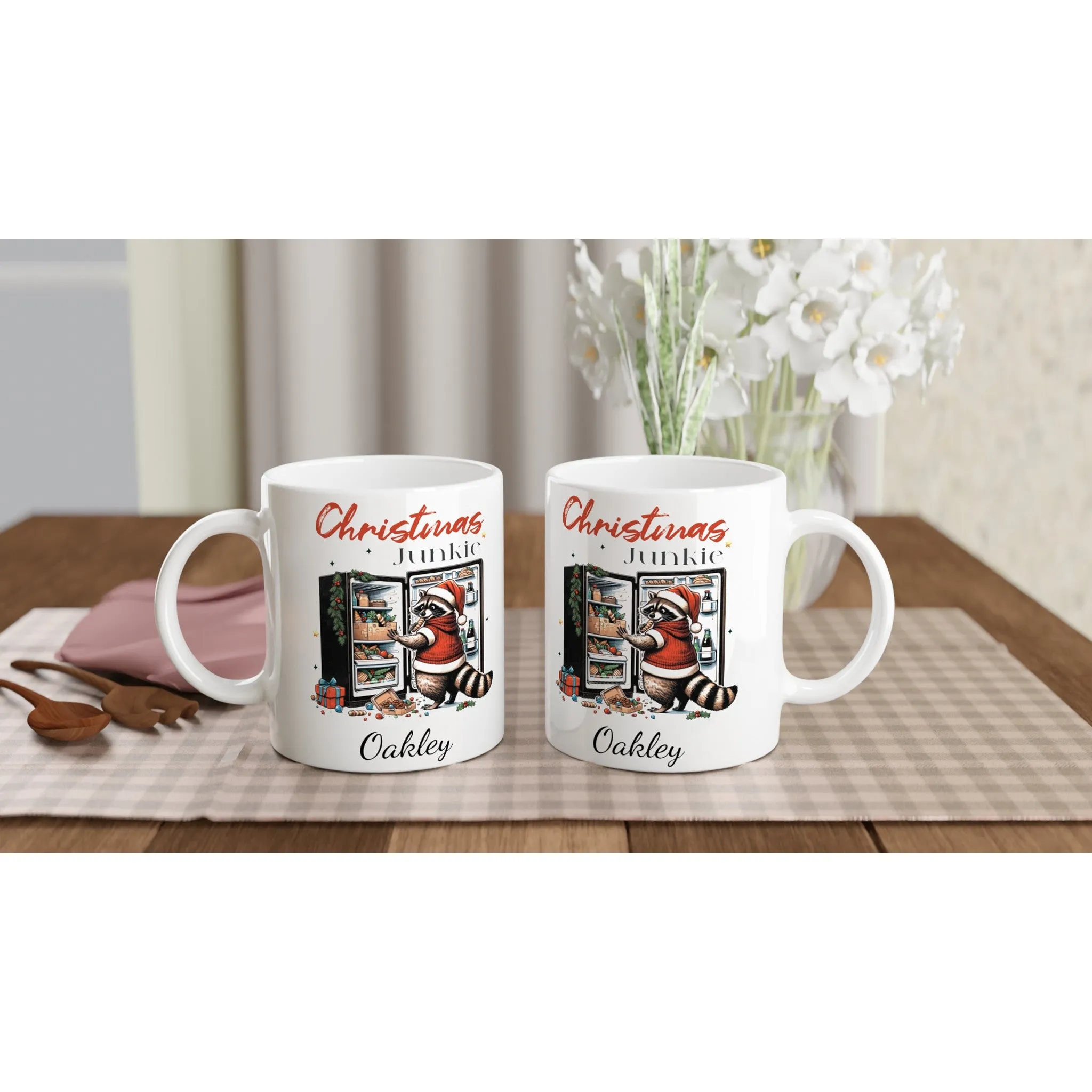 Personalised Christmas White 11oz Ceramic Mug Racoon Christmas Junkie