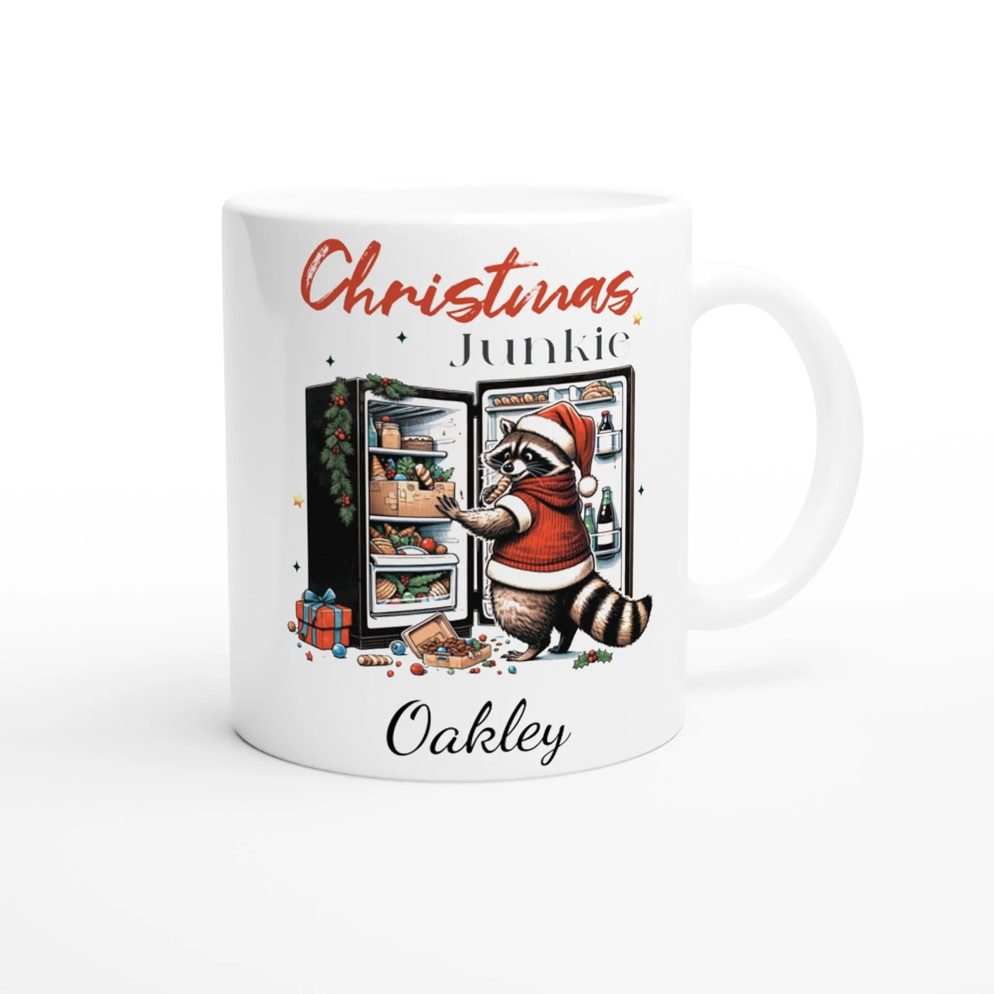 Personalised Christmas White 11oz Ceramic Mug Racoon Christmas Junkie