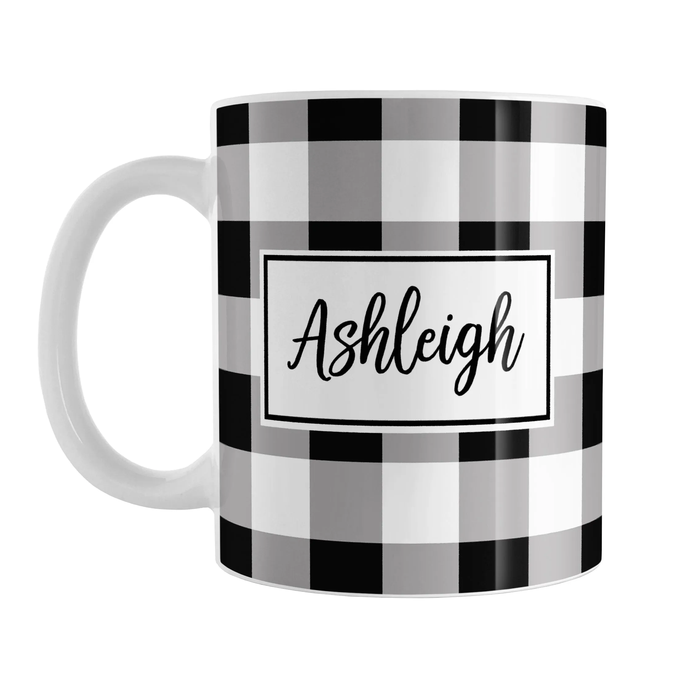 Personalized Name Black and White Buffalo Plaid Mug