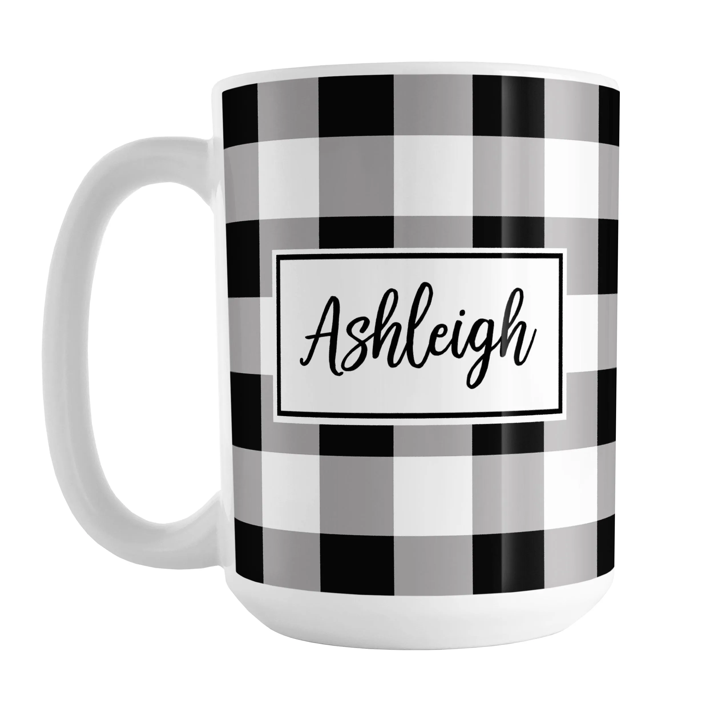 Personalized Name Black and White Buffalo Plaid Mug