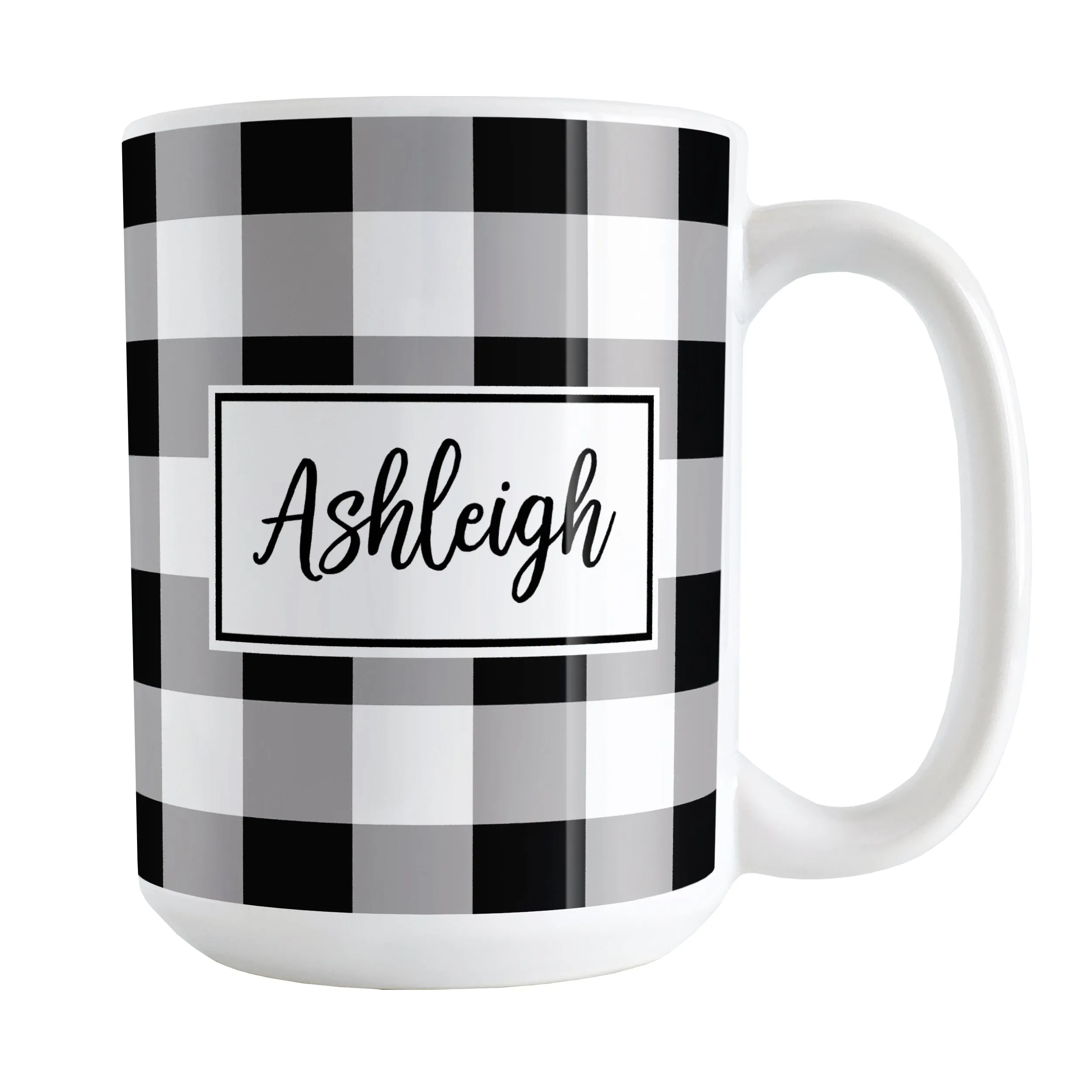 Personalized Name Black and White Buffalo Plaid Mug