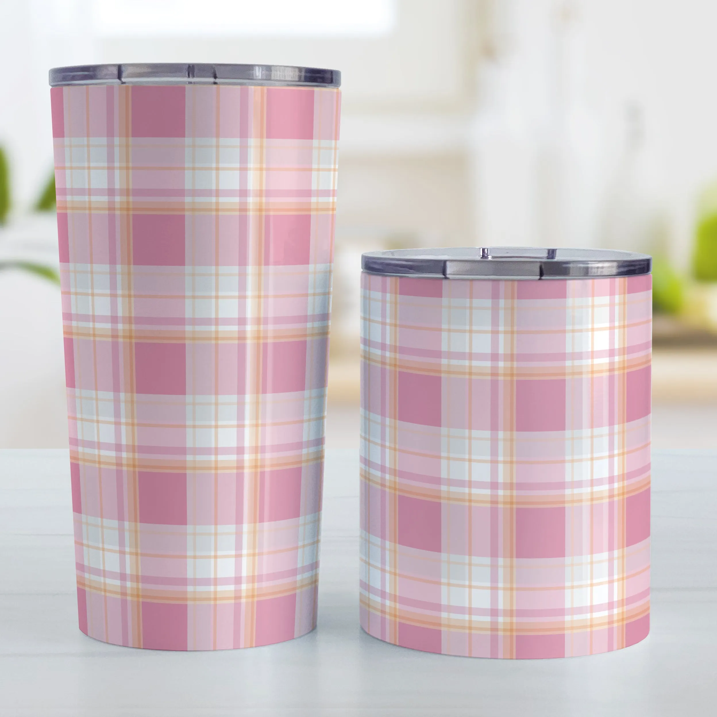 Pink Orange Plaid Tumbler Cup