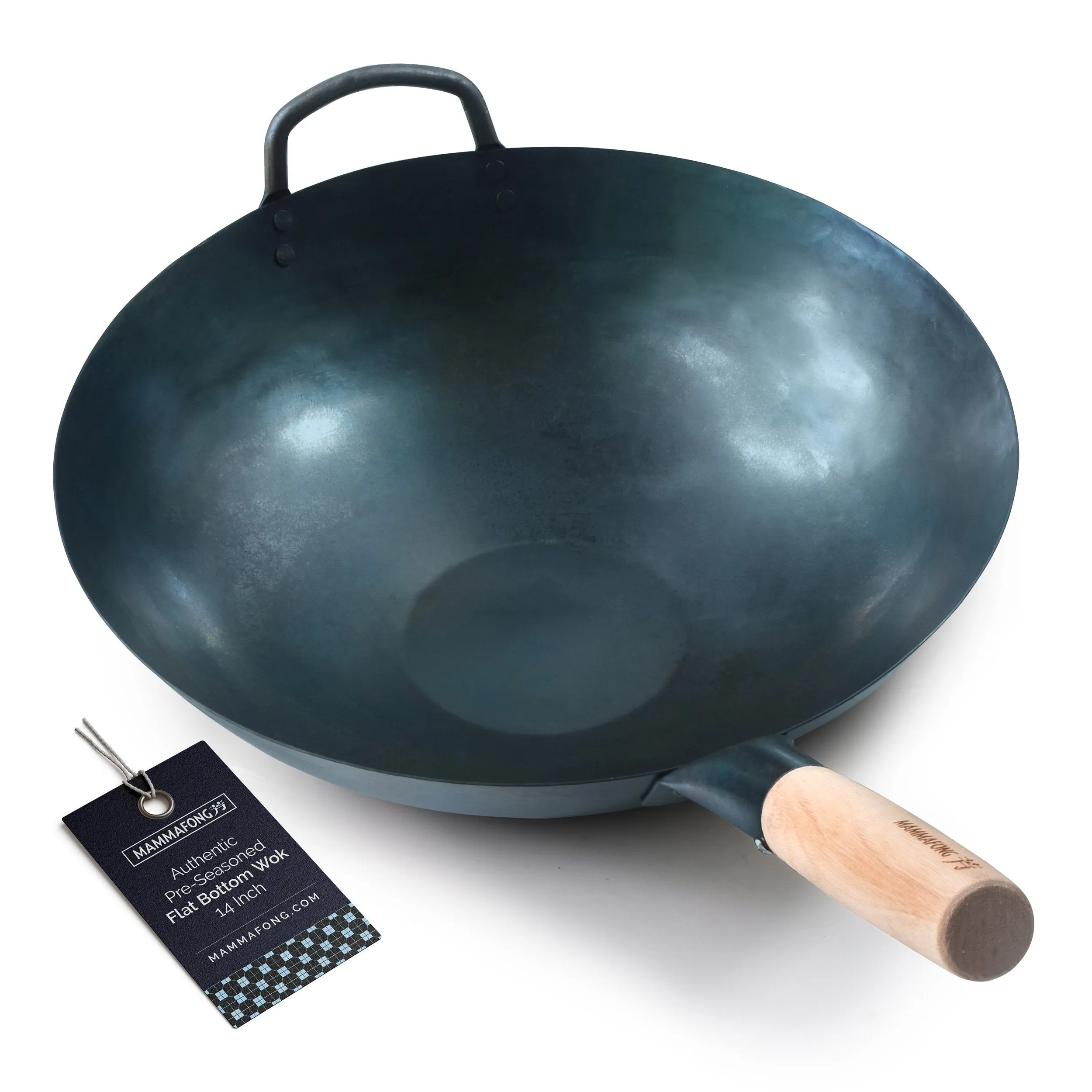 Pre-Seasoned Blue Carbon Steel Hand Hammered Flat Bottom Pow Wok - 14" with Helper Handle