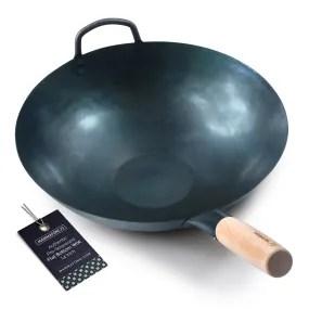 Pre-Seasoned Blue Carbon Steel Hand Hammered Flat Bottom Pow Wok - 14" with Helper Handle