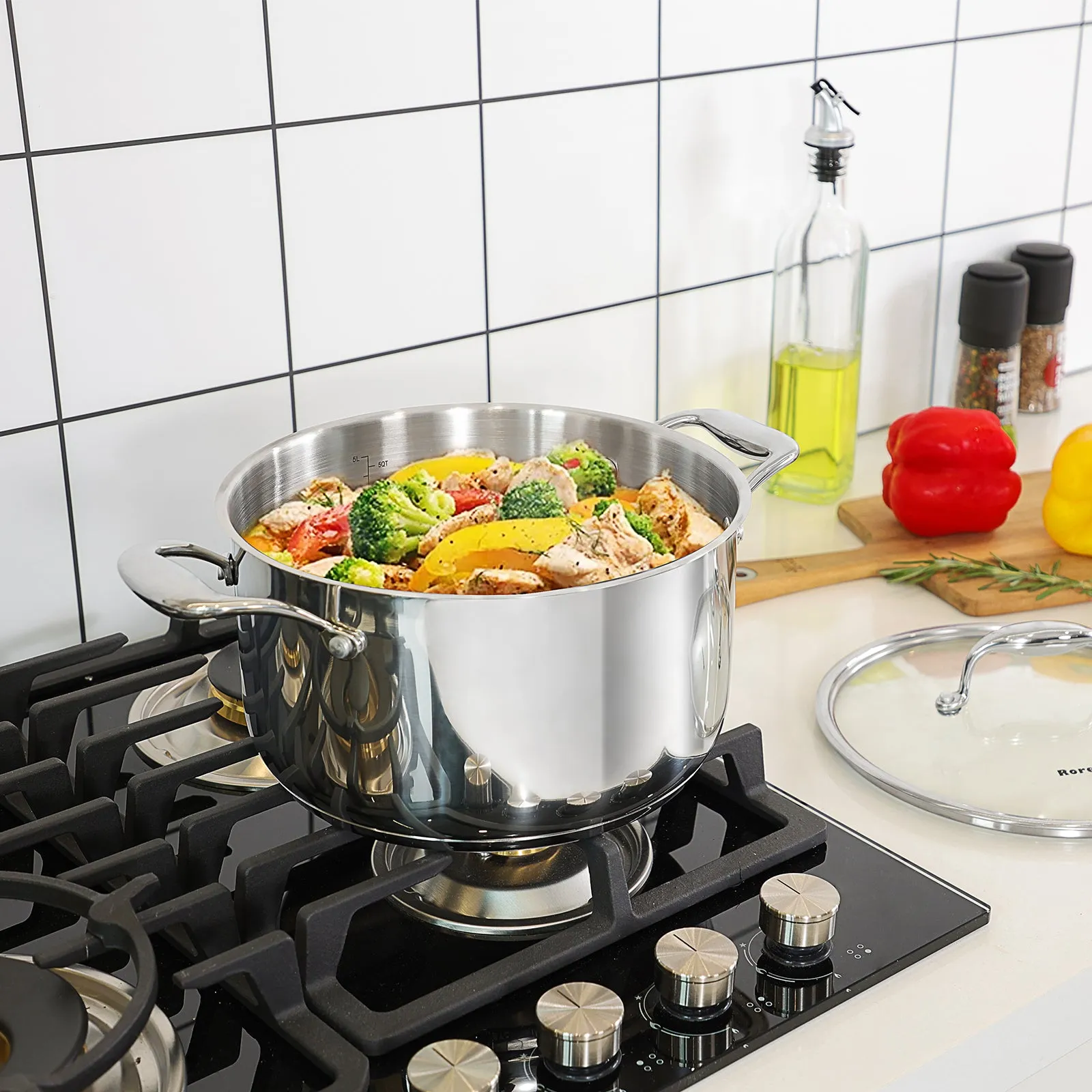 Rorence Stainless Steel Stock Pot with Lid: 6 Quart Stockpot Pasta Pot with Two Side Spouts, capsule Bottom, Glass Lid