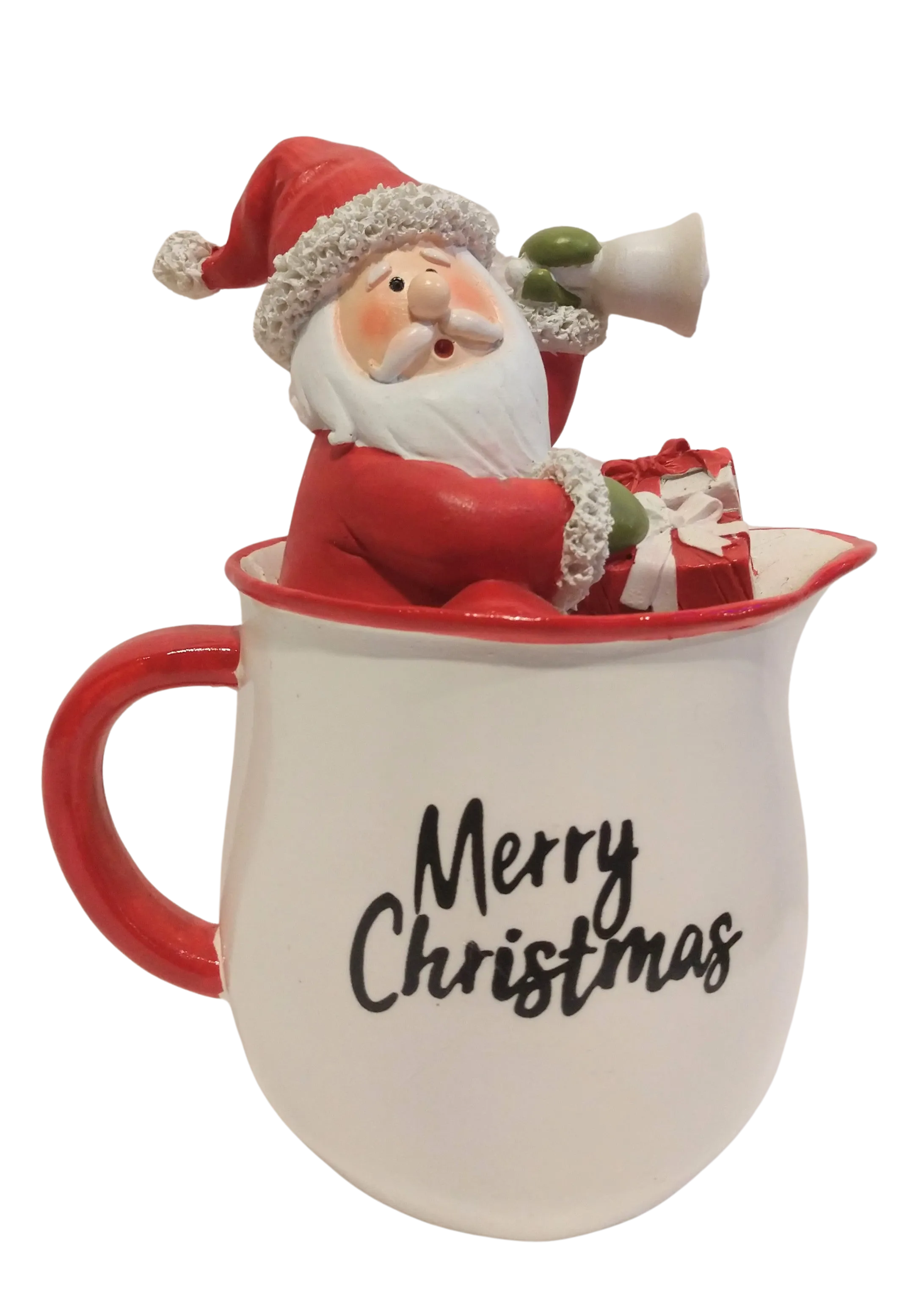 Santa in A Merry Christmas Mug with Christmas Gifts & Bell 7"x6" resin