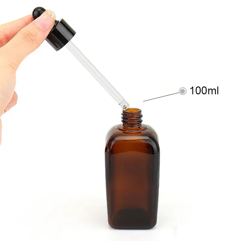 Six Square Amber Glass Dropper Bottles 10ml 20ml 30ml 50ml 100ml