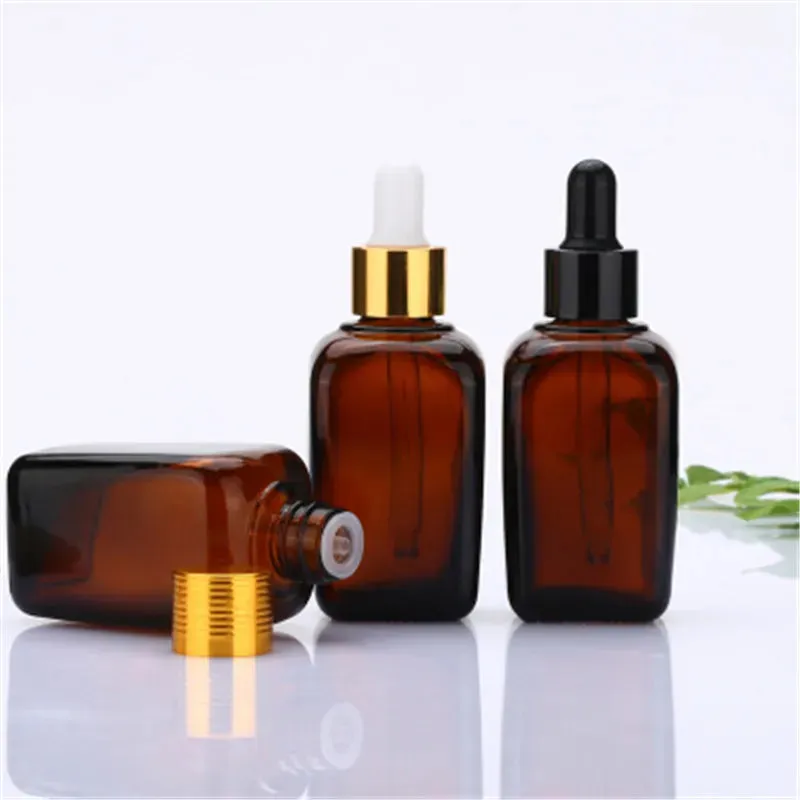 Six Square Amber Glass Dropper Bottles 10ml 20ml 30ml 50ml 100ml