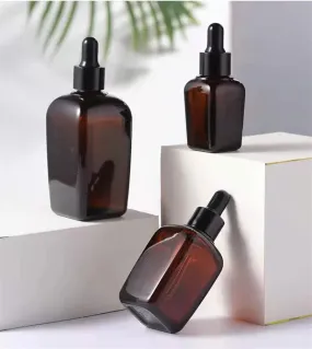 Six Square Amber Glass Dropper Bottles 10ml 20ml 30ml 50ml 100ml