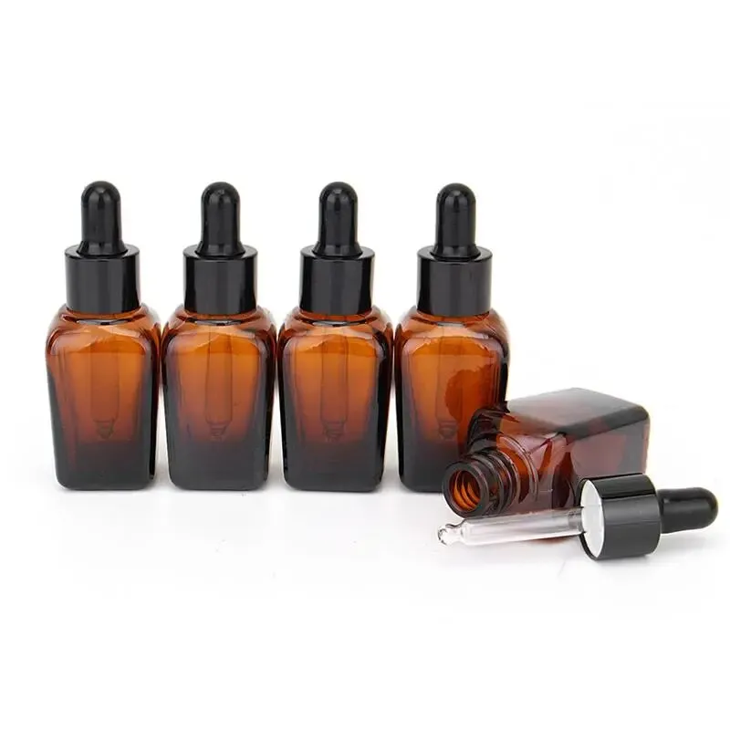 Six Square Amber Glass Dropper Bottles 10ml 20ml 30ml 50ml 100ml