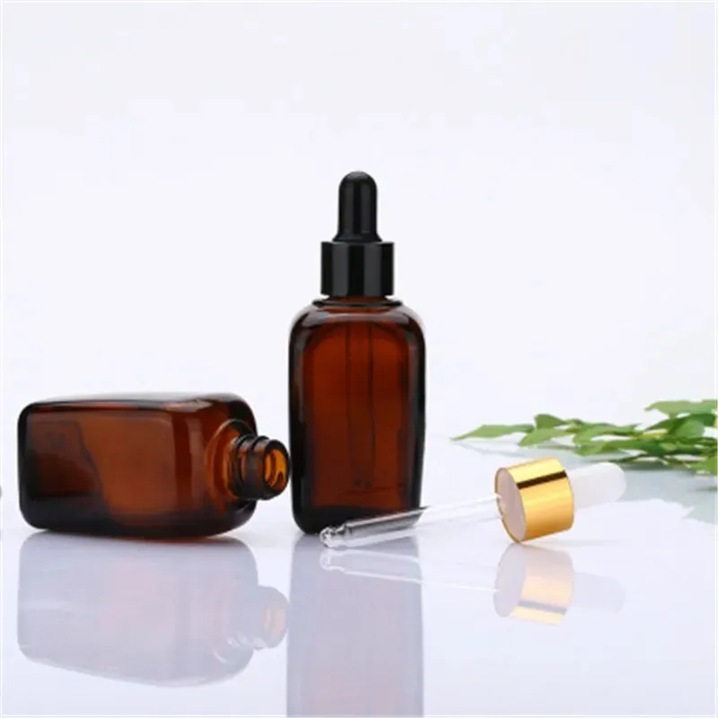 Six Square Amber Glass Dropper Bottles 10ml 20ml 30ml 50ml 100ml