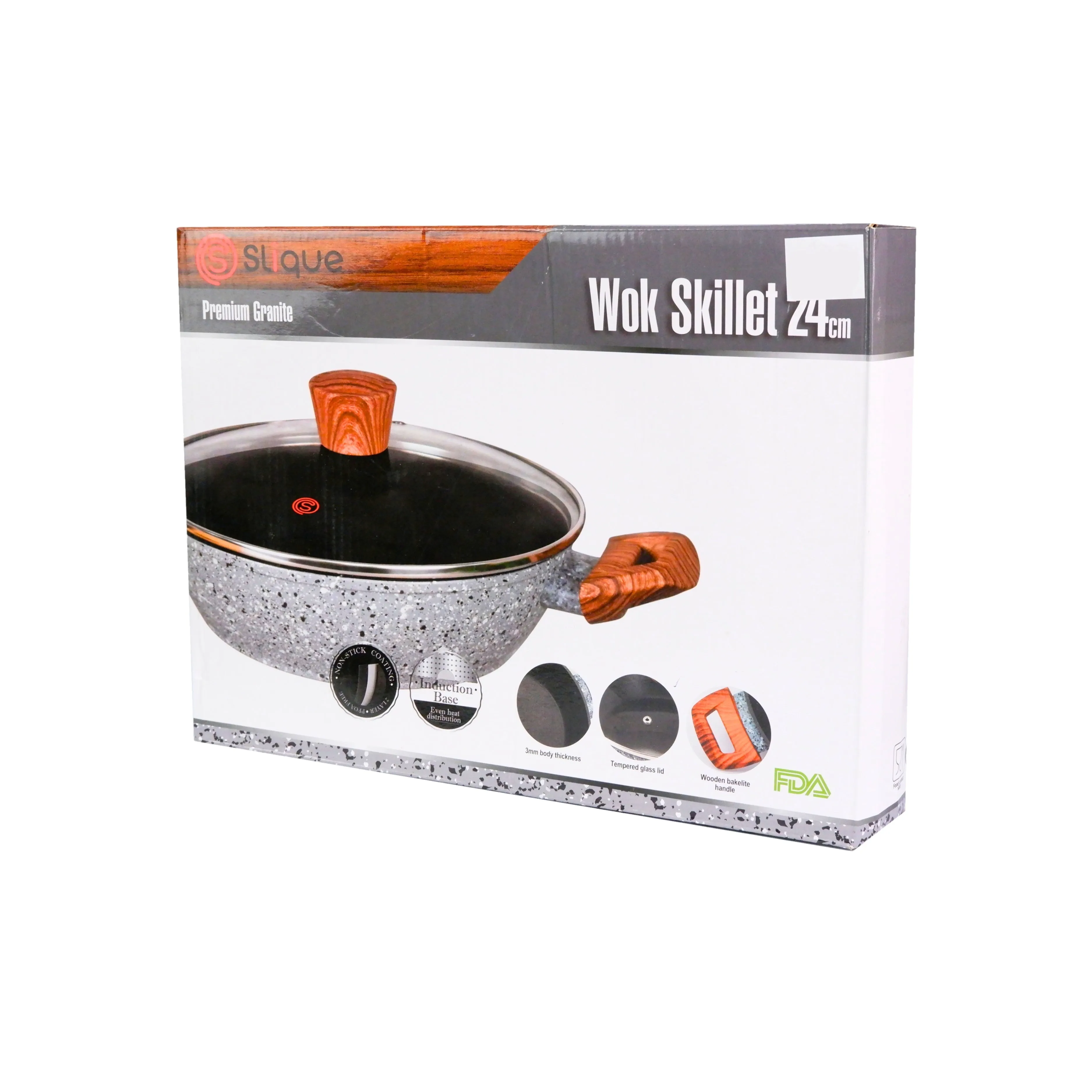 Slique Premium Granite Wok Skillet 24cm with Lid in a Box