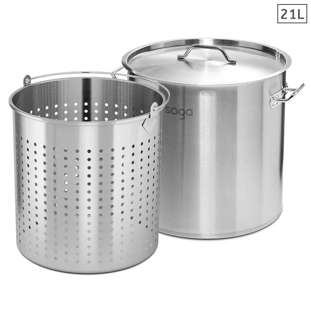 SOGA 21L 18/10 Stainless Steel Stockpot with Perforated Stock Pot Basket Pasta Strainer