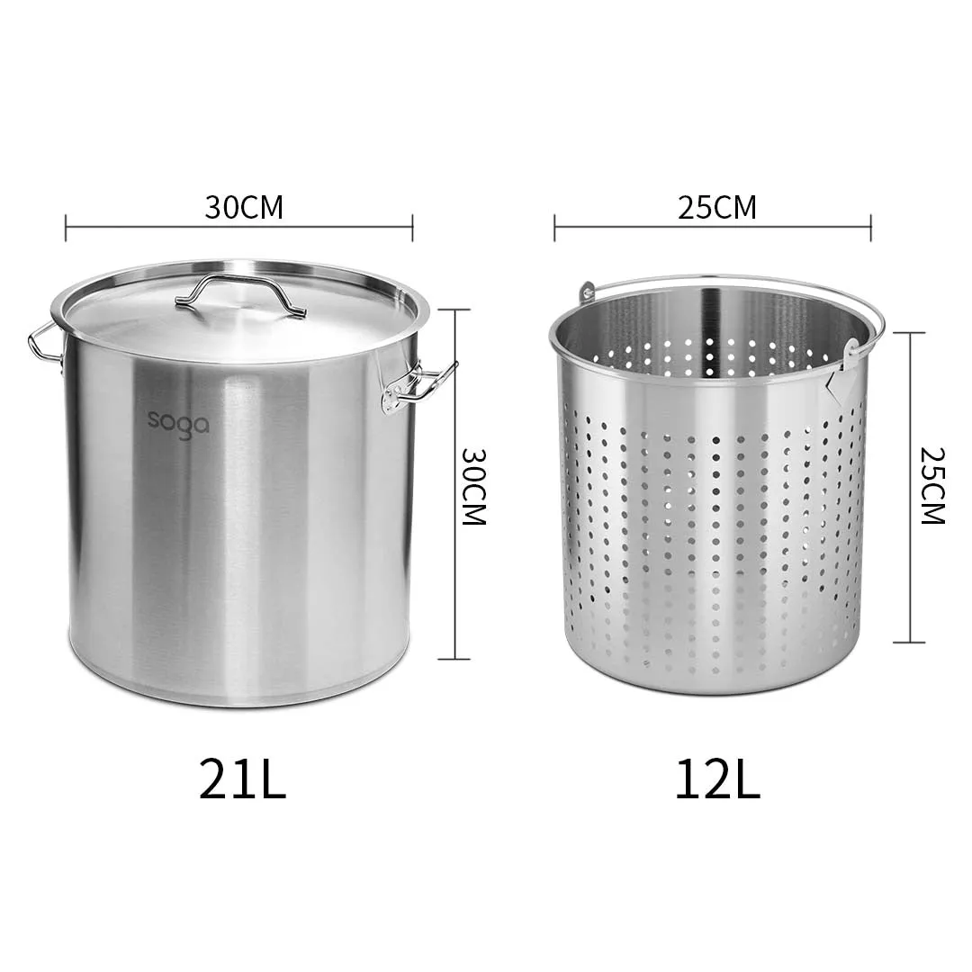 SOGA 21L 18/10 Stainless Steel Stockpot with Perforated Stock Pot Basket Pasta Strainer