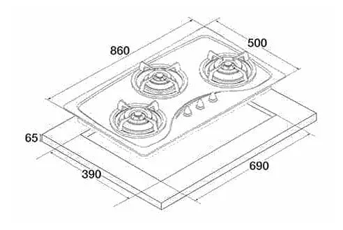 Tecno UNO T 333 TGSV / MTBK Toughened Glass Hob (SCHOTT) Matte Black 86cm, V.V.S  3 Burners (2x Big, 1x Medium)